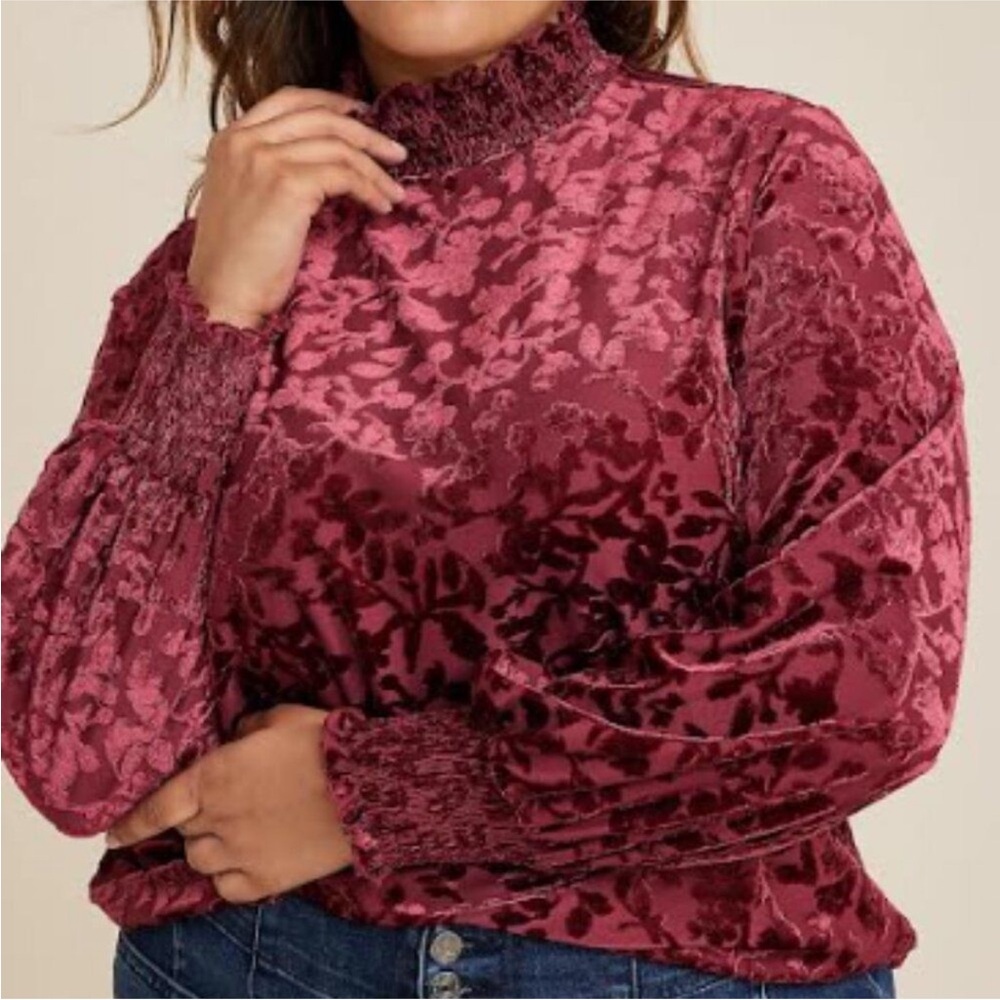 Maurices Womens Burgundy Velvet Burnout Smocked Neck Top Size XL Holiday Vamp